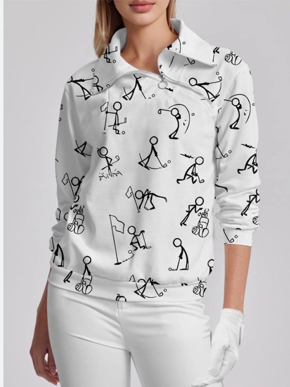 ACEGOLFS‎ Womens L White Golf Pullover Quarter Zip Stick Figure Print